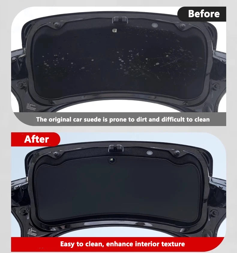 Tesla trunk liner before and after with leather protective pad