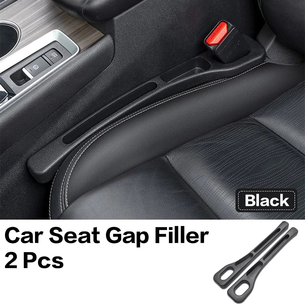 Black car seat gap filler installed beside center console