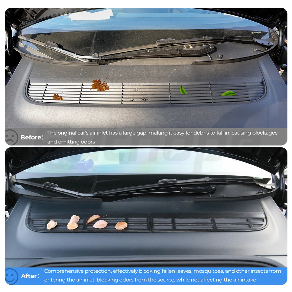 Tesla Model Y Juniper air intake before and after debris protection comparison