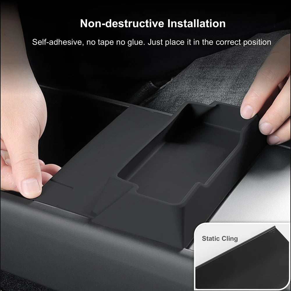 Non-destructive static-cling installation of Tesla armrest glasses tray