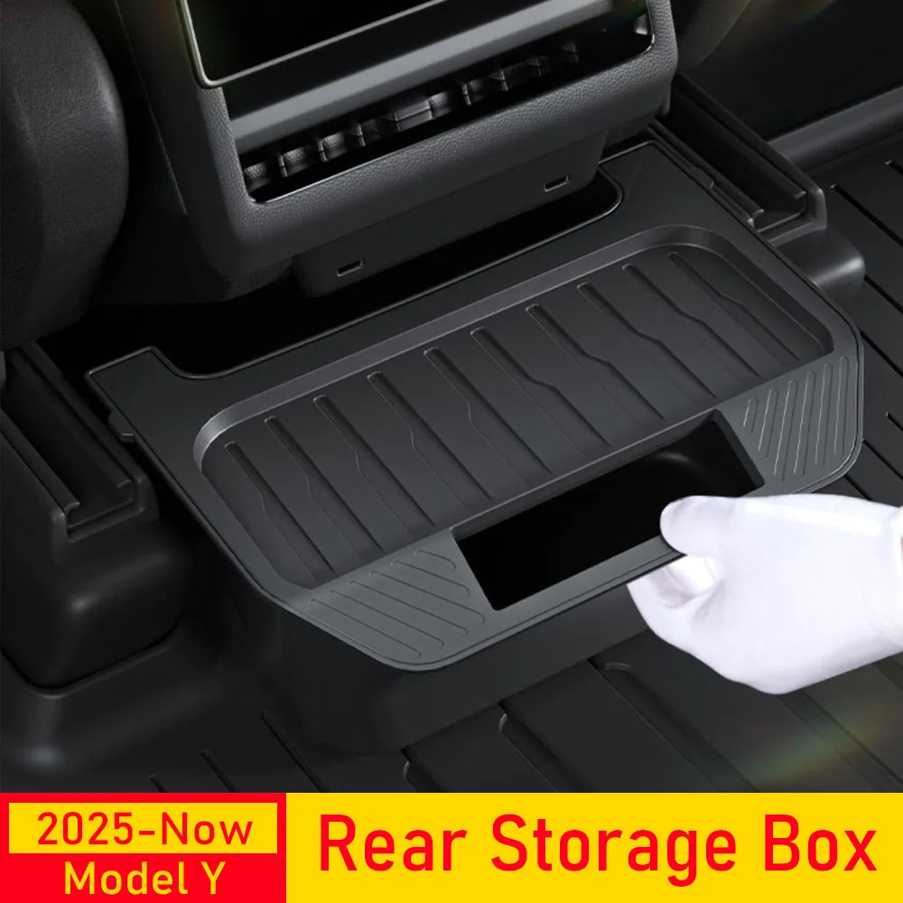 Rear storage box installed behind Tesla Model Y center console