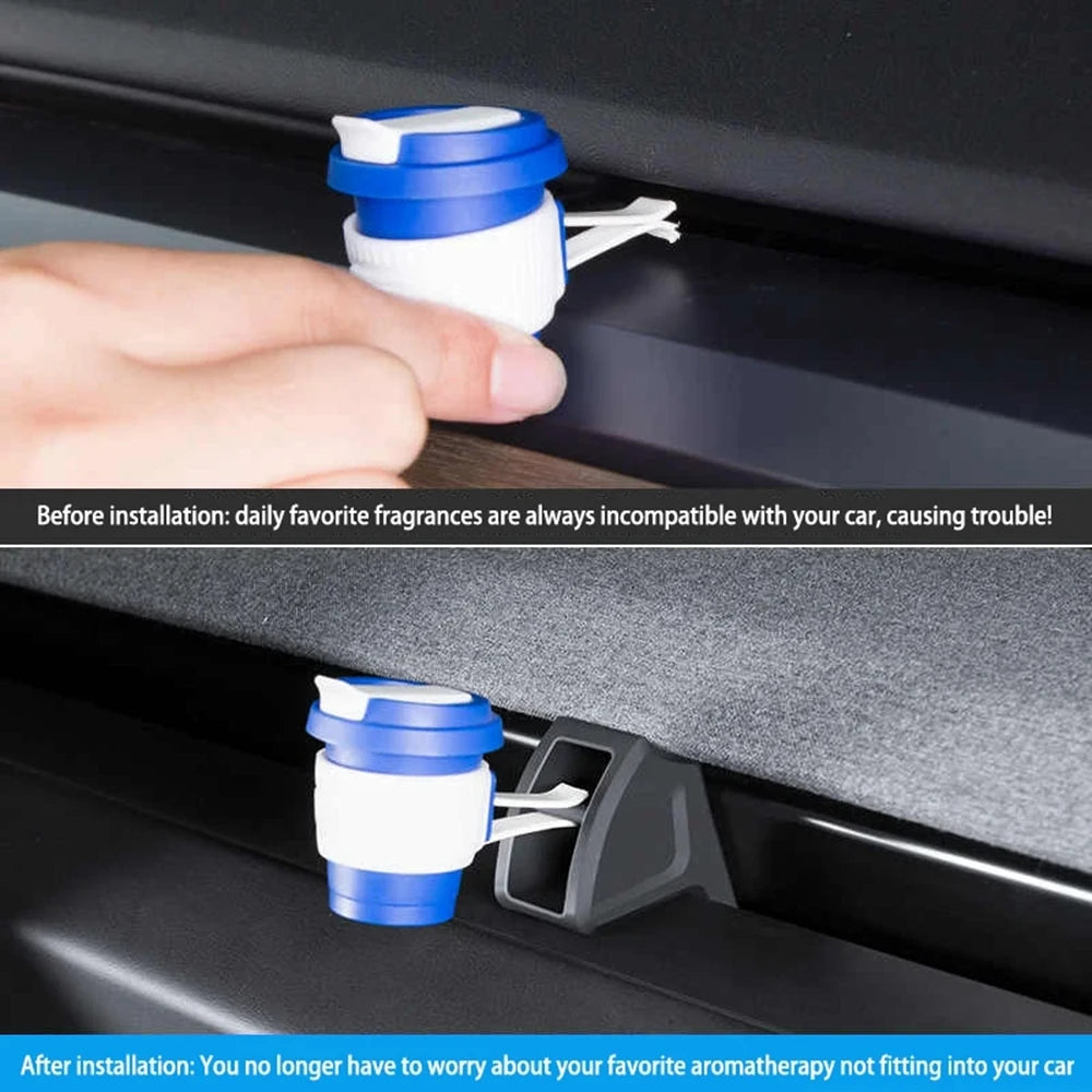 Hand clipping an air freshener into the Tesla vent adapter bracket