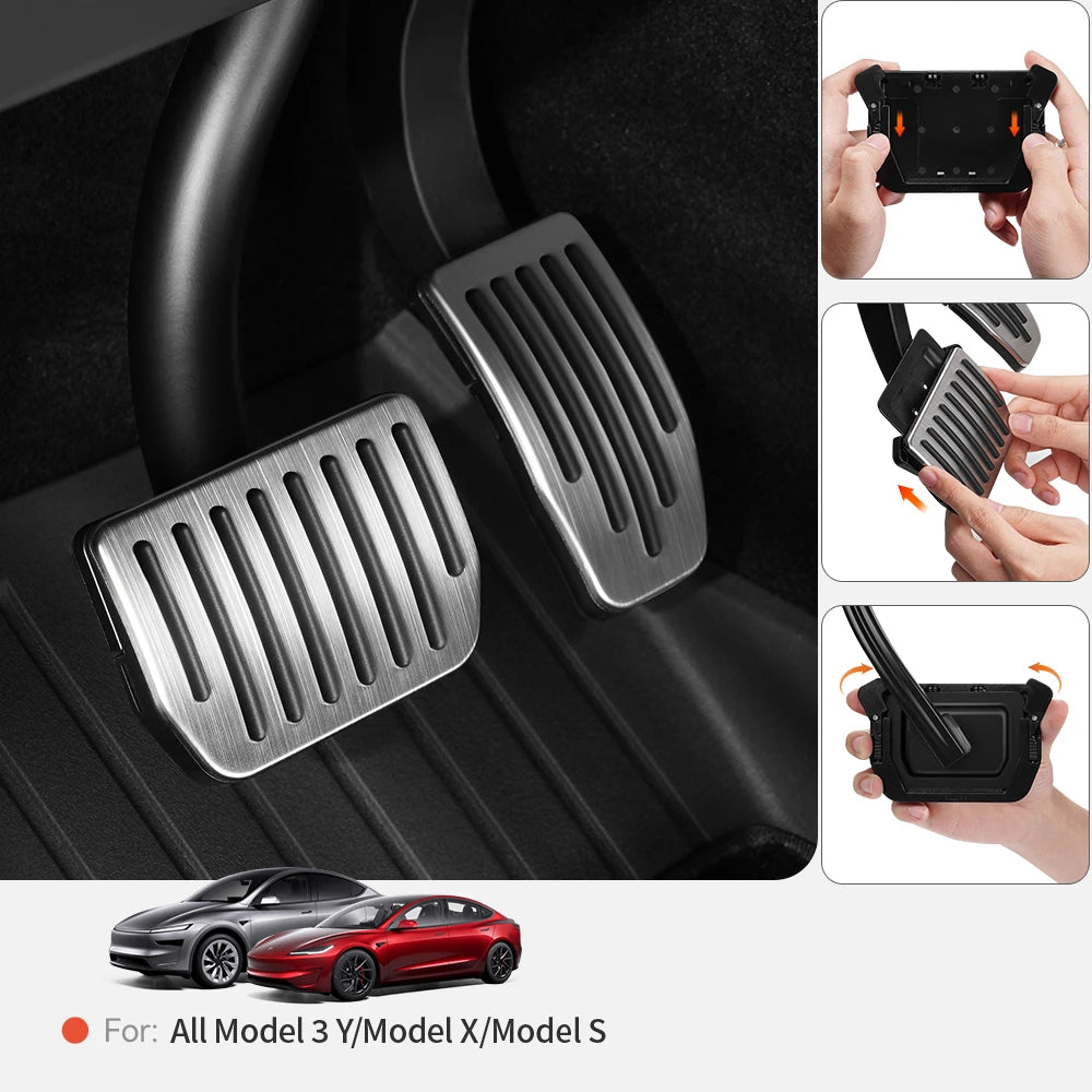 Alloy pedal covers installed on Tesla Model 3 footwell