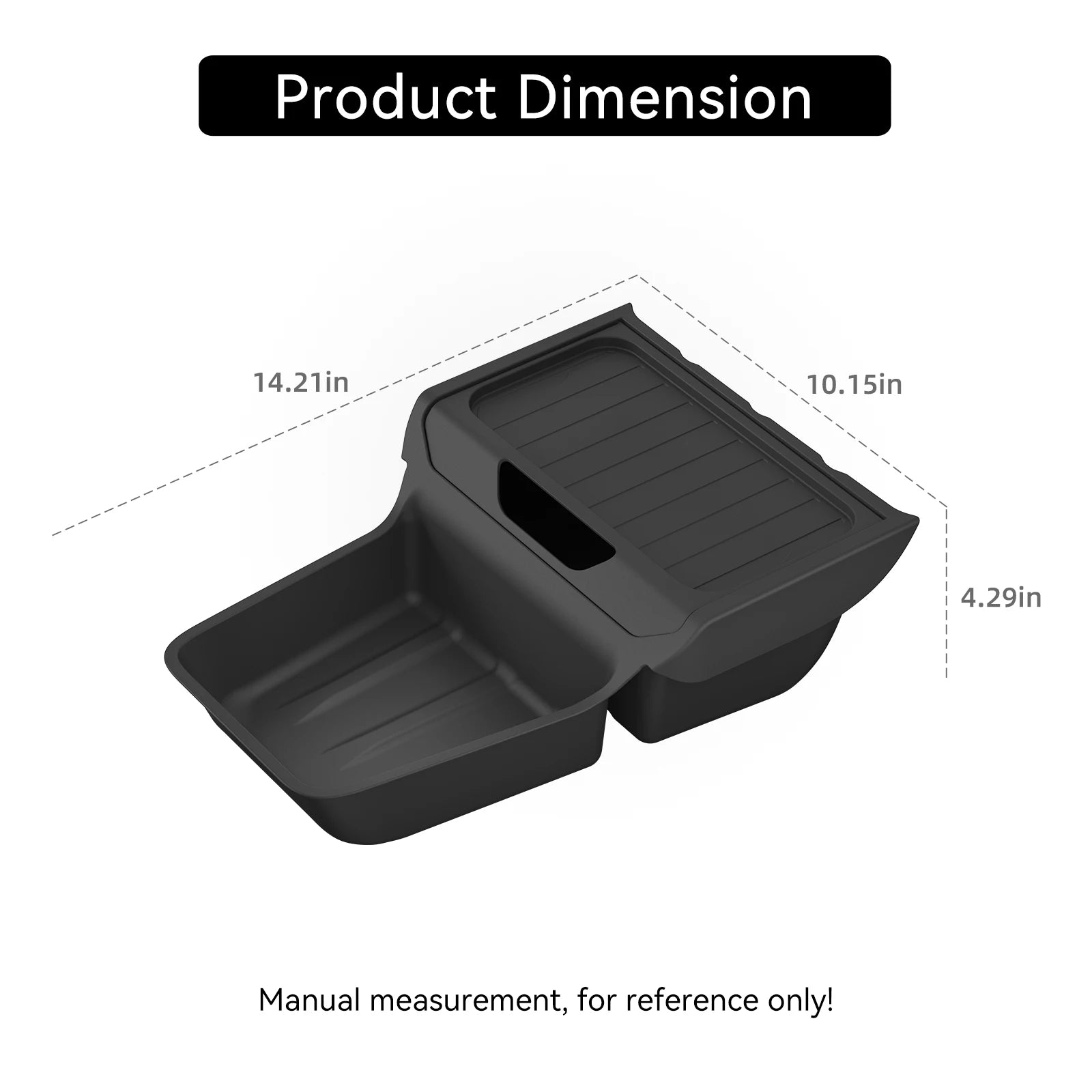 Tesla Model Y Juniper console storage tray dimensions diagram, 14.2 by 10.2 by 4.3 inches
