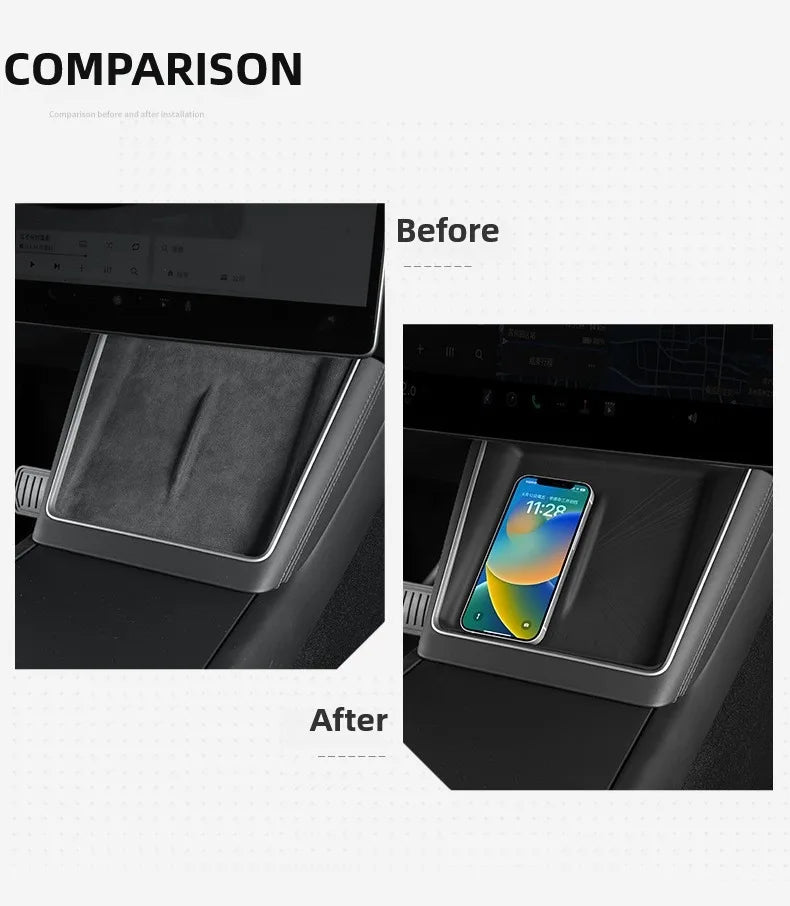 Before and after comparison of Tesla Model Y Juniper under-screen storage tray