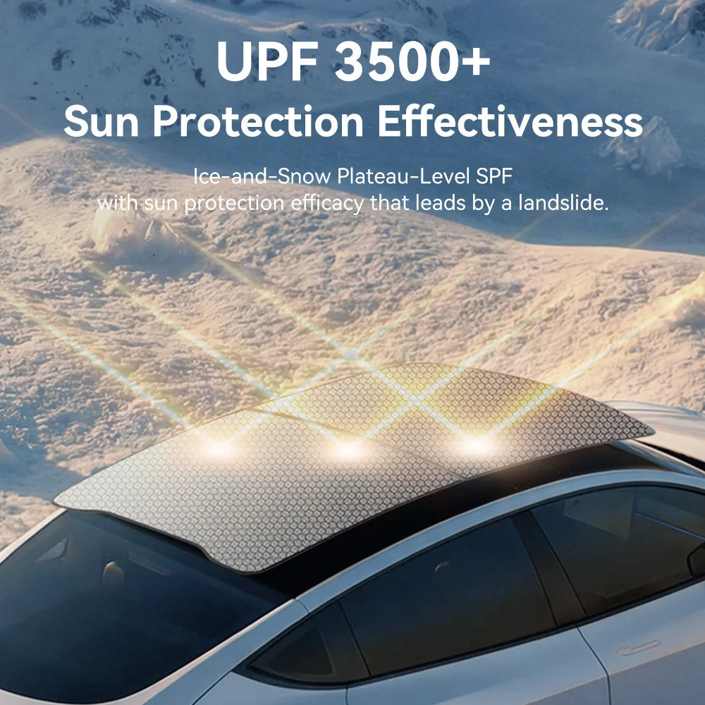 Tesla cabin shaded by UPF 3500 graphene roof sunshade