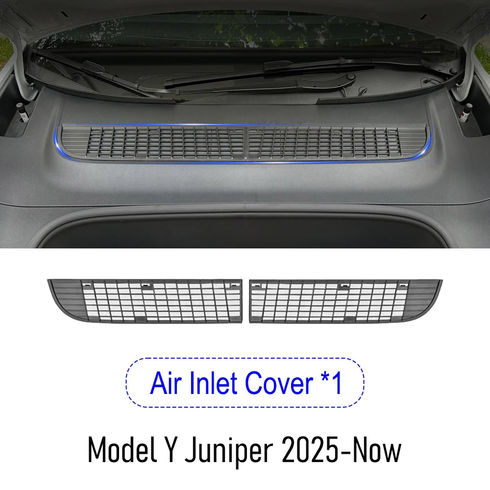 Tesla Model Y Juniper air inlet cover mesh shown installed and removed