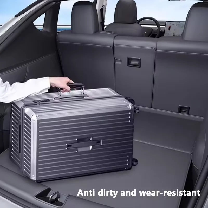 Tesla Model Y Juniper leather trunk mat with luggage loaded in cargo area
