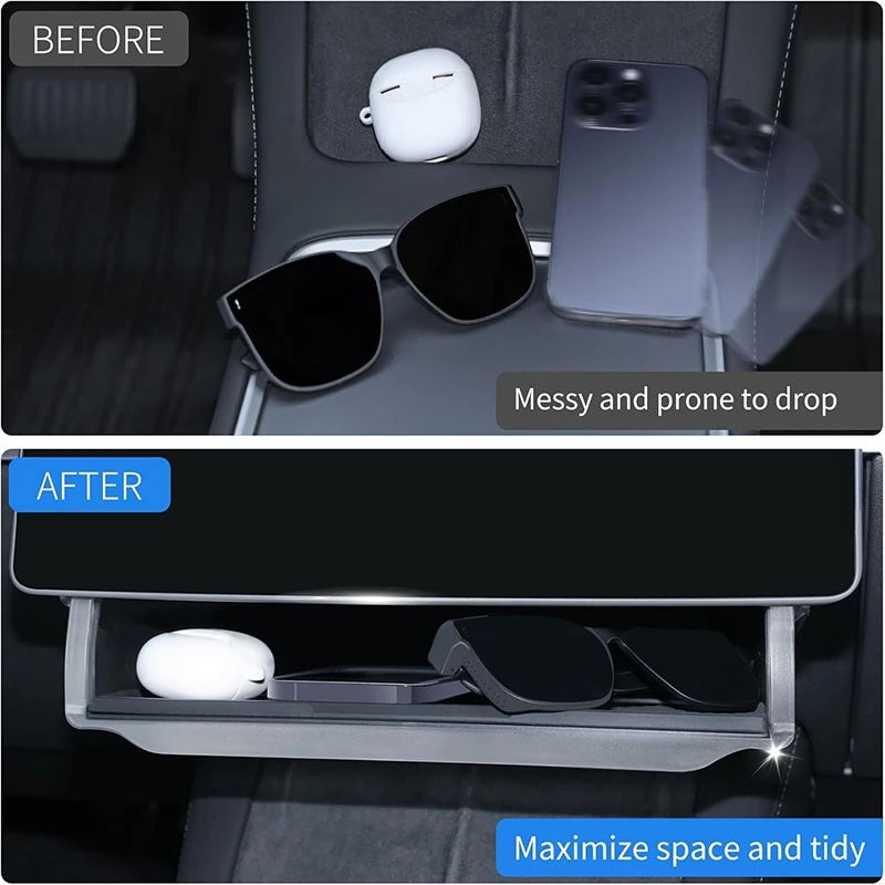 Tesla center console before and after adding under-screen storage tray
