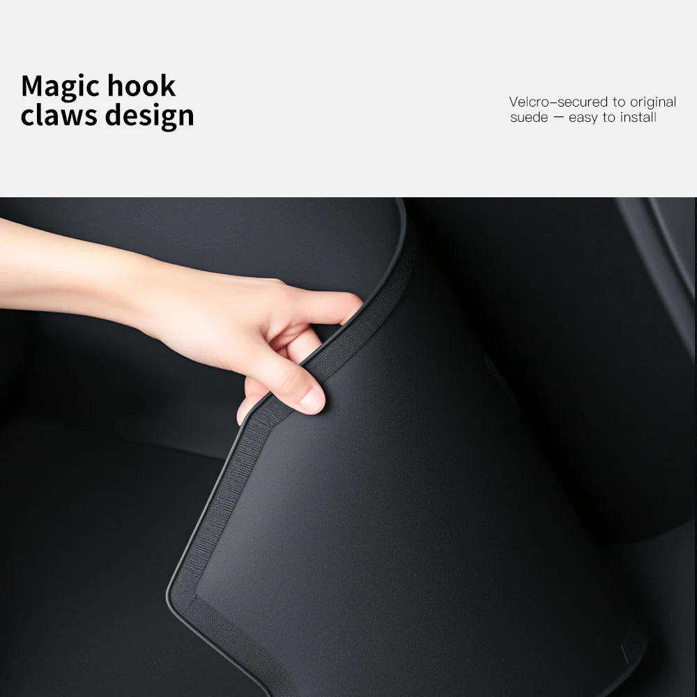 Hook-claw secured no-tool install of Tesla console side guard