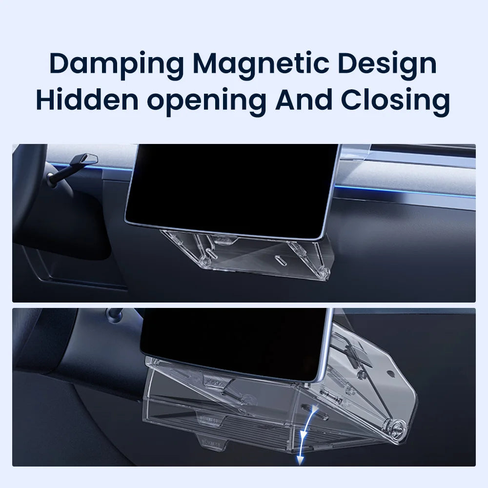 Damping magnetic under-screen storage shelf hidden and open in Tesla