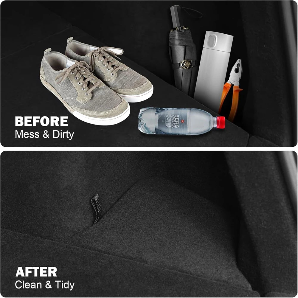 Before and after of messy versus tidy Tesla Model Y trunk side well