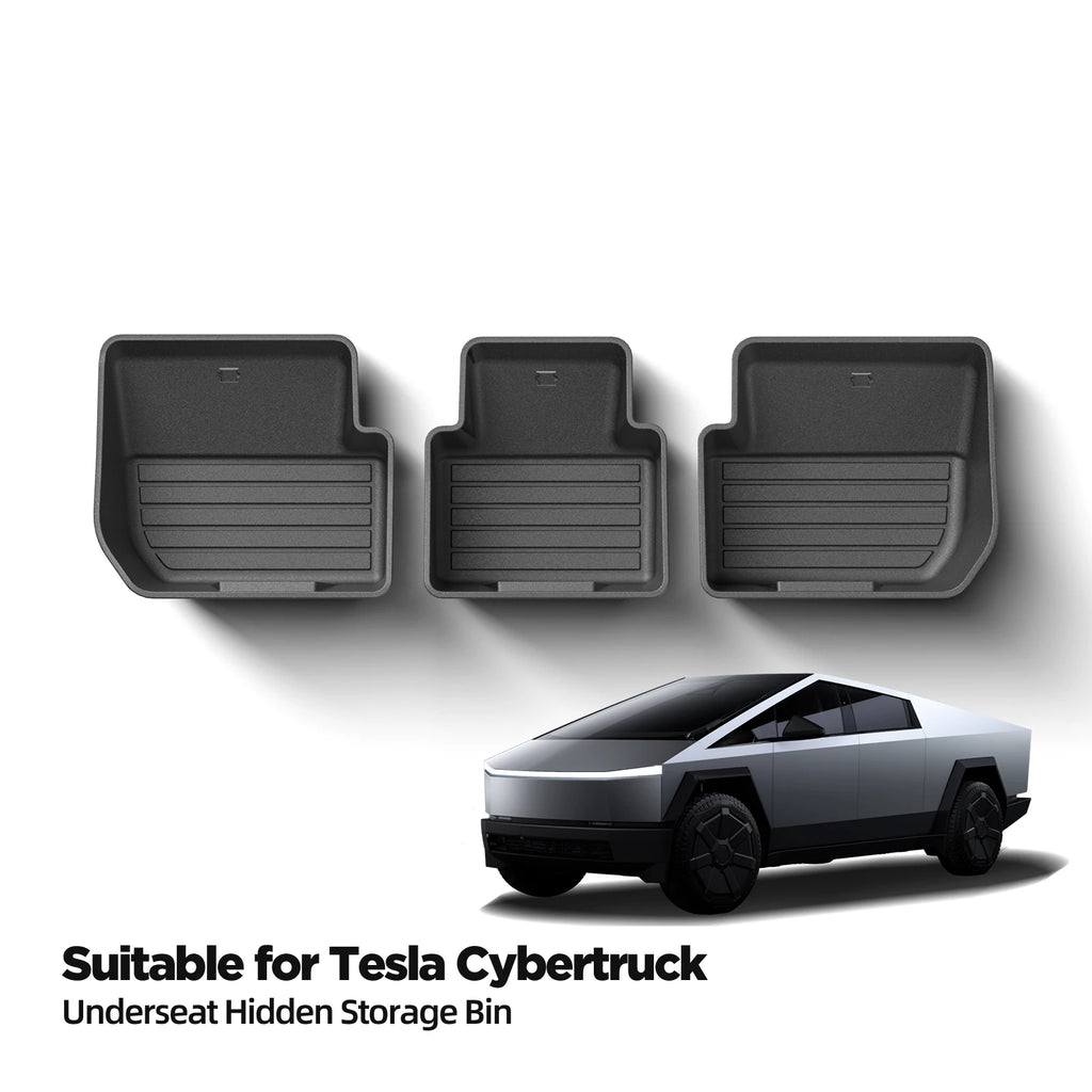 Set of three Tesla Cybertruck under-seat storage bins on white background