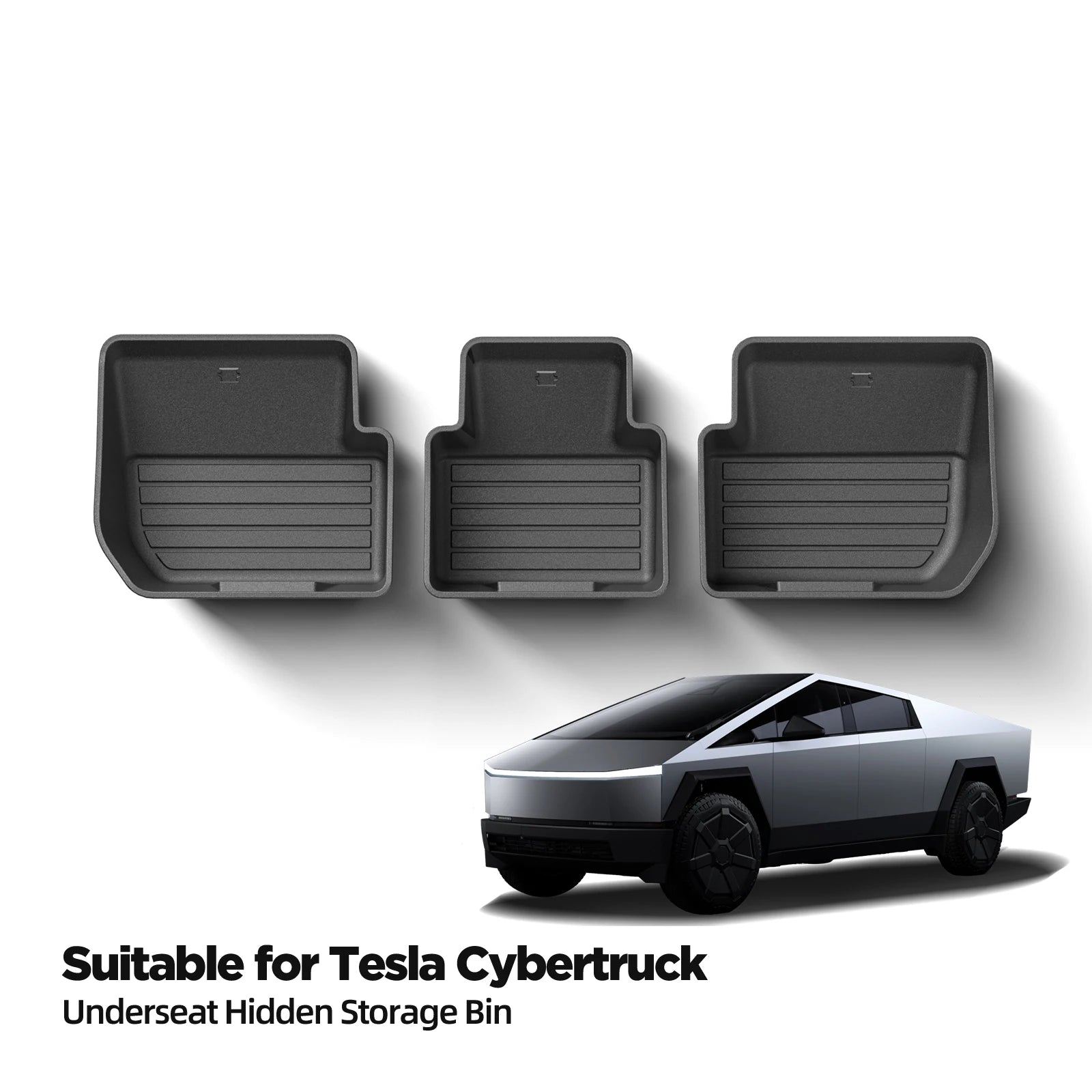 Set of three Tesla Cybertruck under-seat storage bins on white background