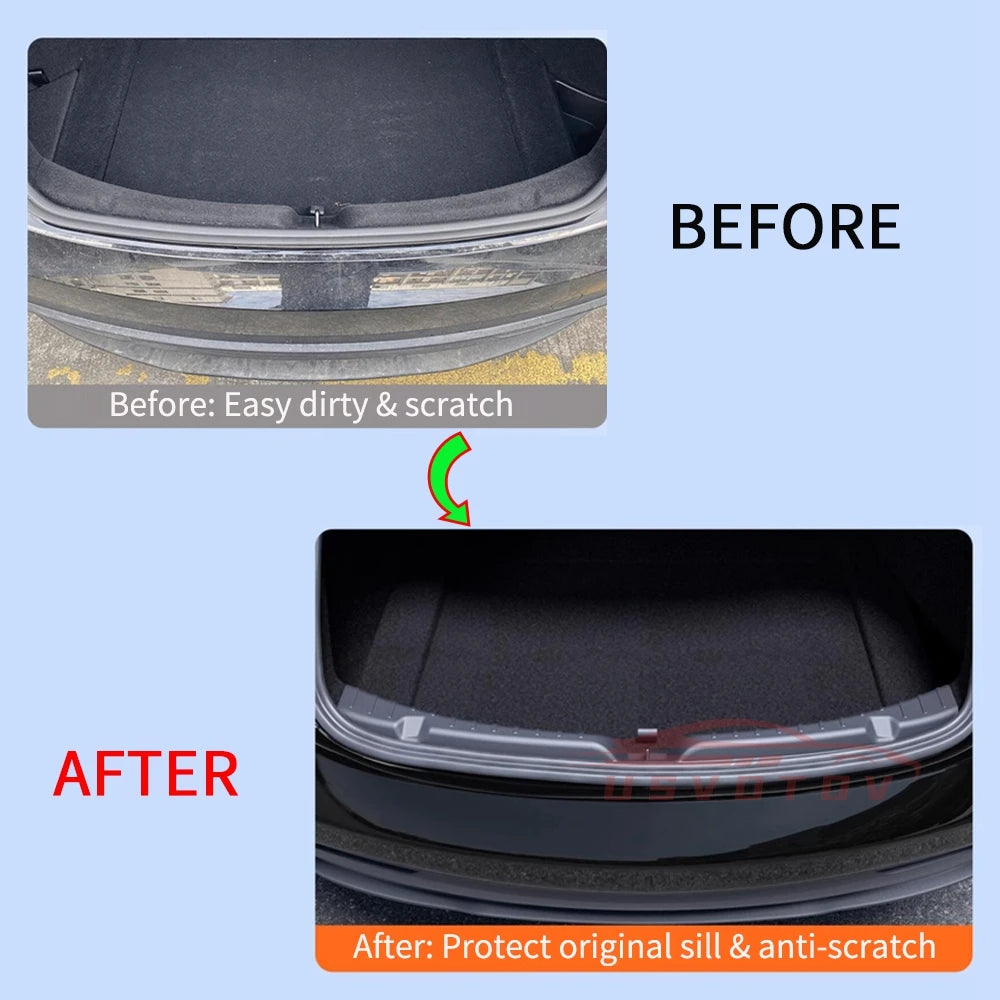 Tesla Model 3 Highland trunk sill before and after scratch protection