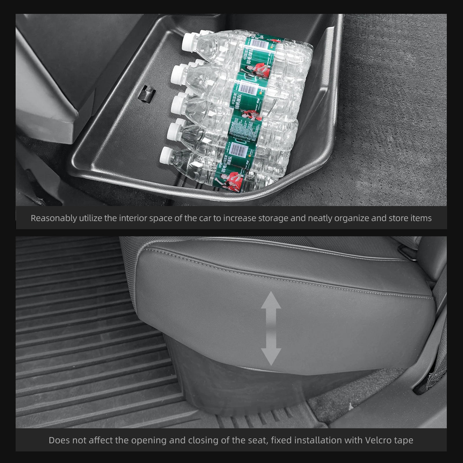 Cybertruck under-seat bins holding water bottles with Velcro mount detail