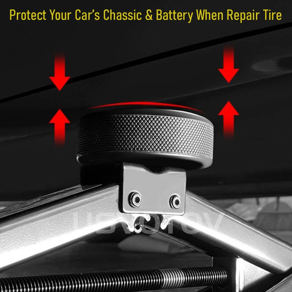Diagram showing the rubber jack pad protecting the Tesla chassis and battery while jacking
