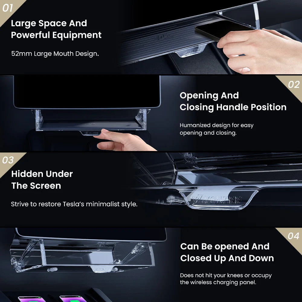 Tesla under-screen folding storage shelf opening detail