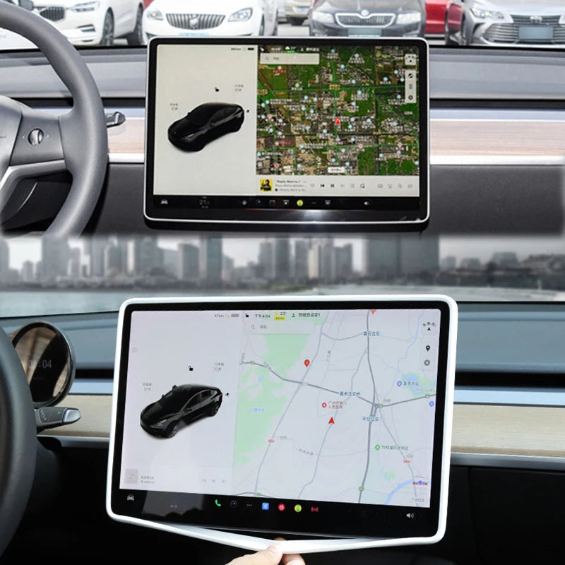 Tesla Model 3 black silicone center screen frame protector installed