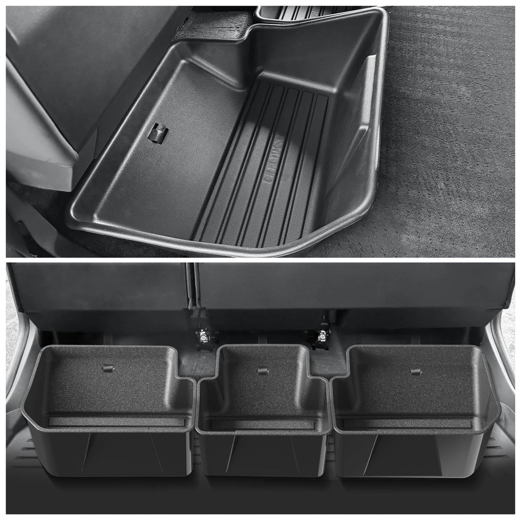 Cybertruck under-seat storage bins installed beneath the rear seat