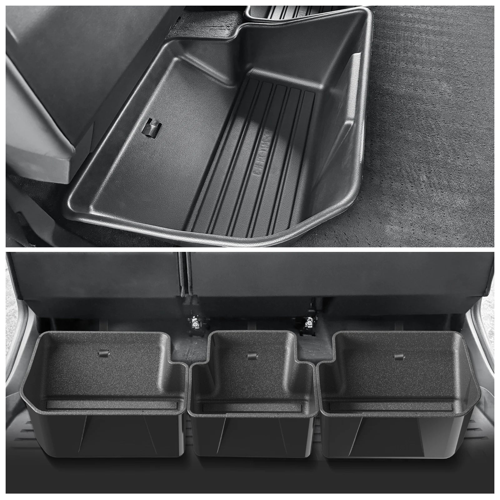 Cybertruck under-seat storage bins installed beneath the rear seat