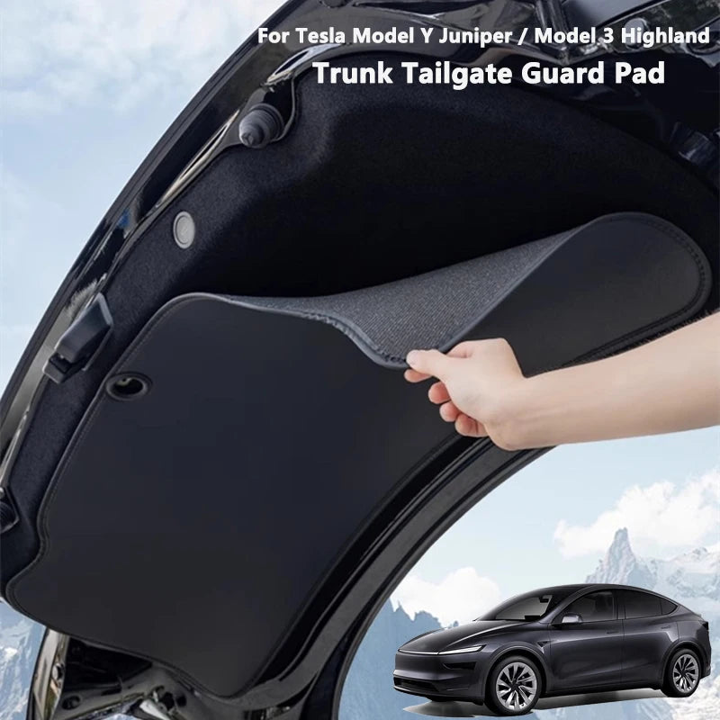 Leather trunk tailgate guard pad installed in Tesla trunk lid