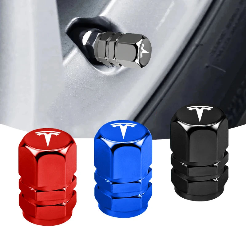 Tesla metal valve stem caps fitted to a tire valve