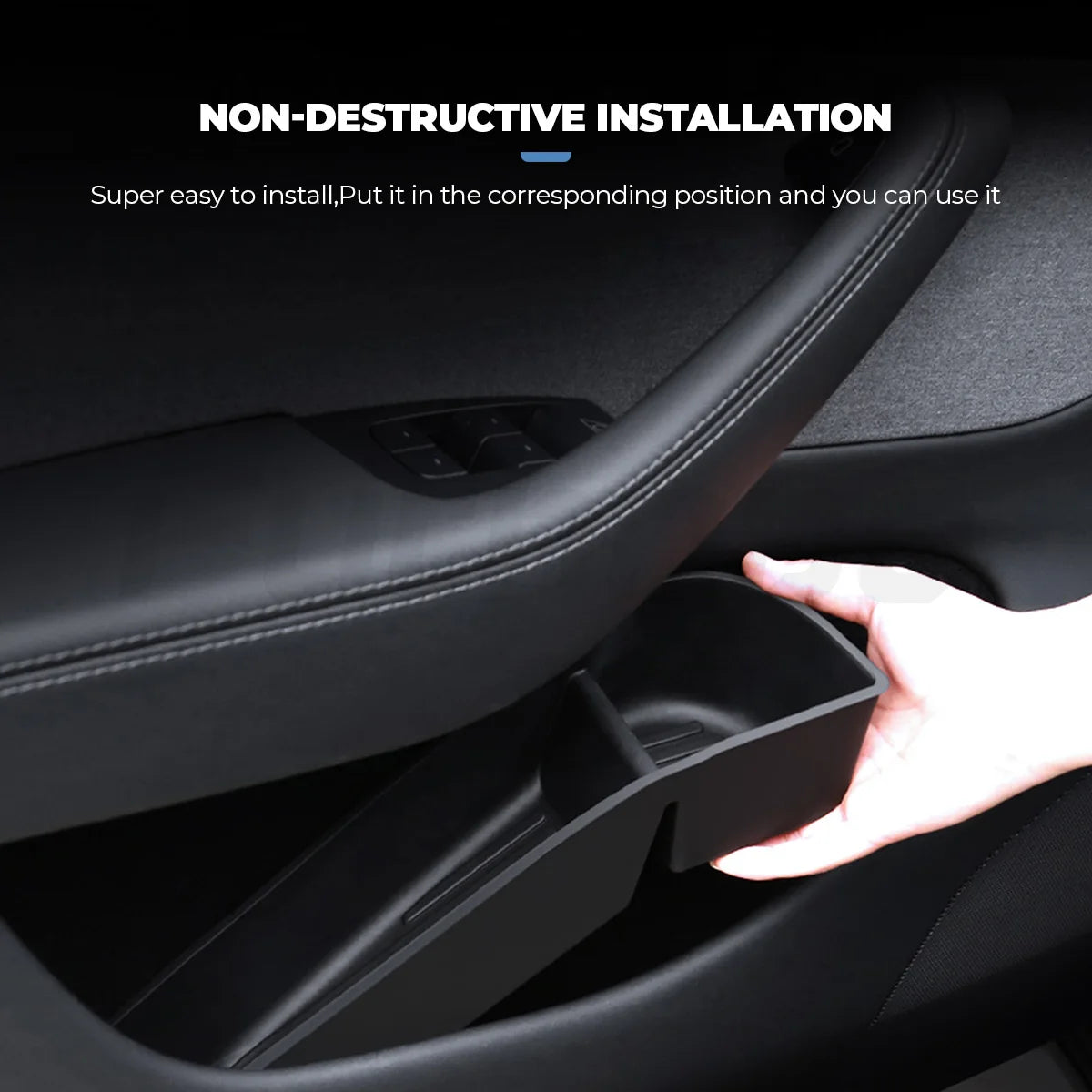 Tesla Model Y Juniper door side storage tray installed behind the front door handle