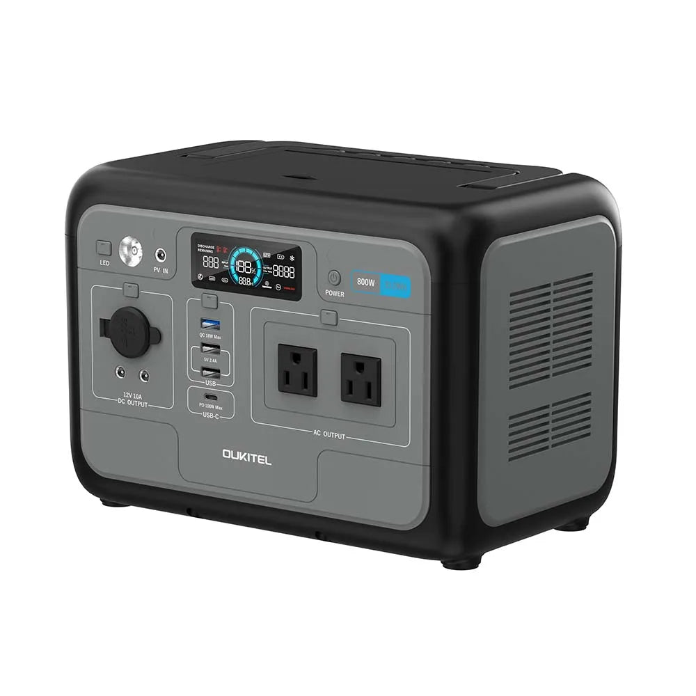 OUKITEL P800E portable power station front view with AC, USB, and DC ports