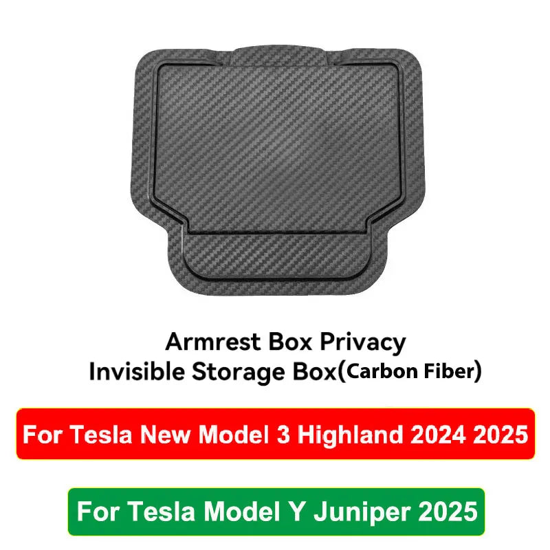 Tesla armrest privacy invisible storage box with carbon fiber pattern