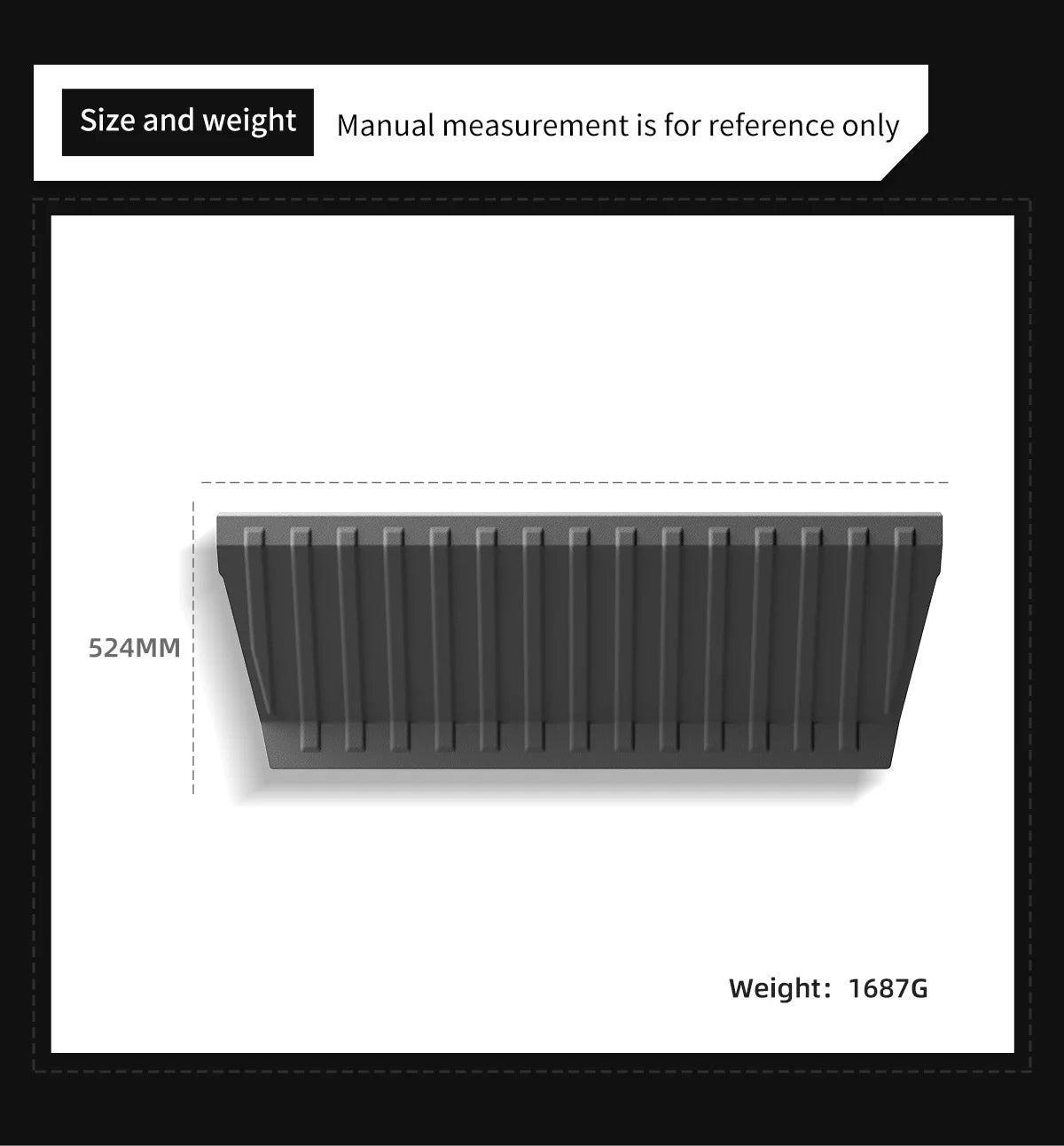 Cybertruck trunk protective pad dimension diagram showing 524mm width