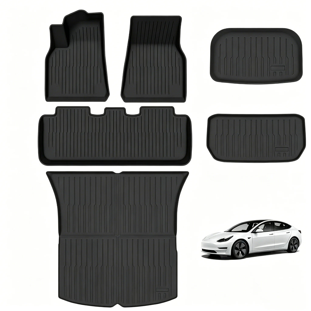 Tesla Model Y Juniper full TPE floor mat and cargo liner set laid out, all pieces