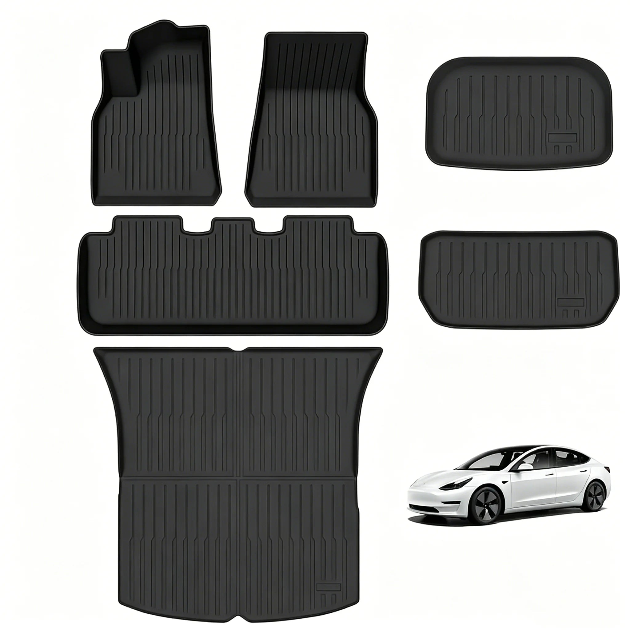 Tesla Model Y Juniper full TPE floor mat and cargo liner set laid out, all pieces