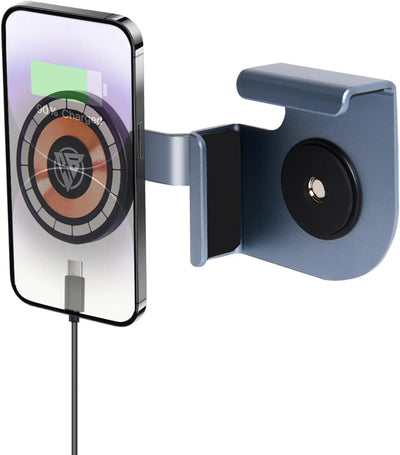 Wireless phone charger with magnetic mount, charging smartphone at 90% battery level