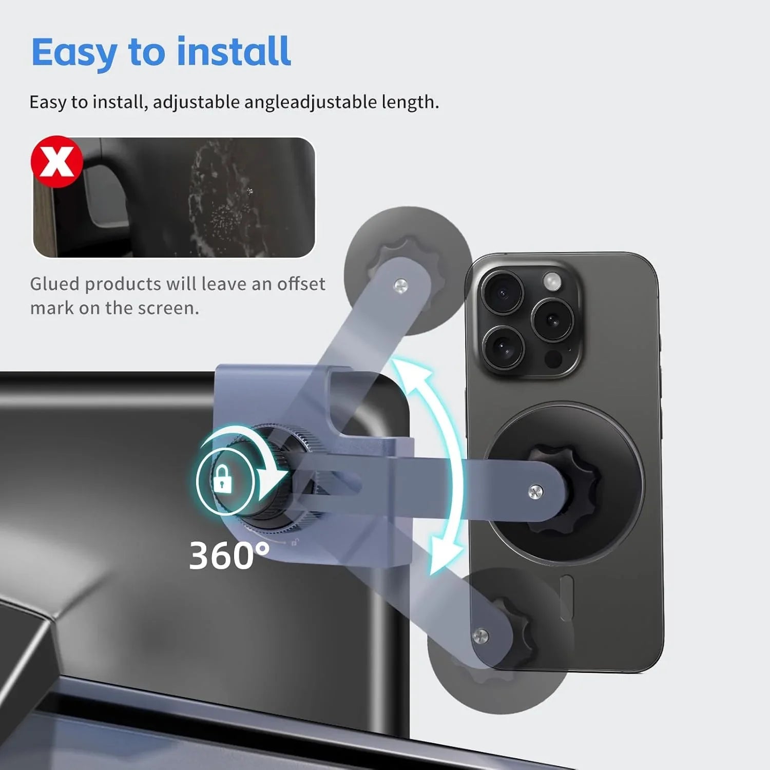 Adjustable 360° car phone mount with suction cups, easy install, no glue residue
