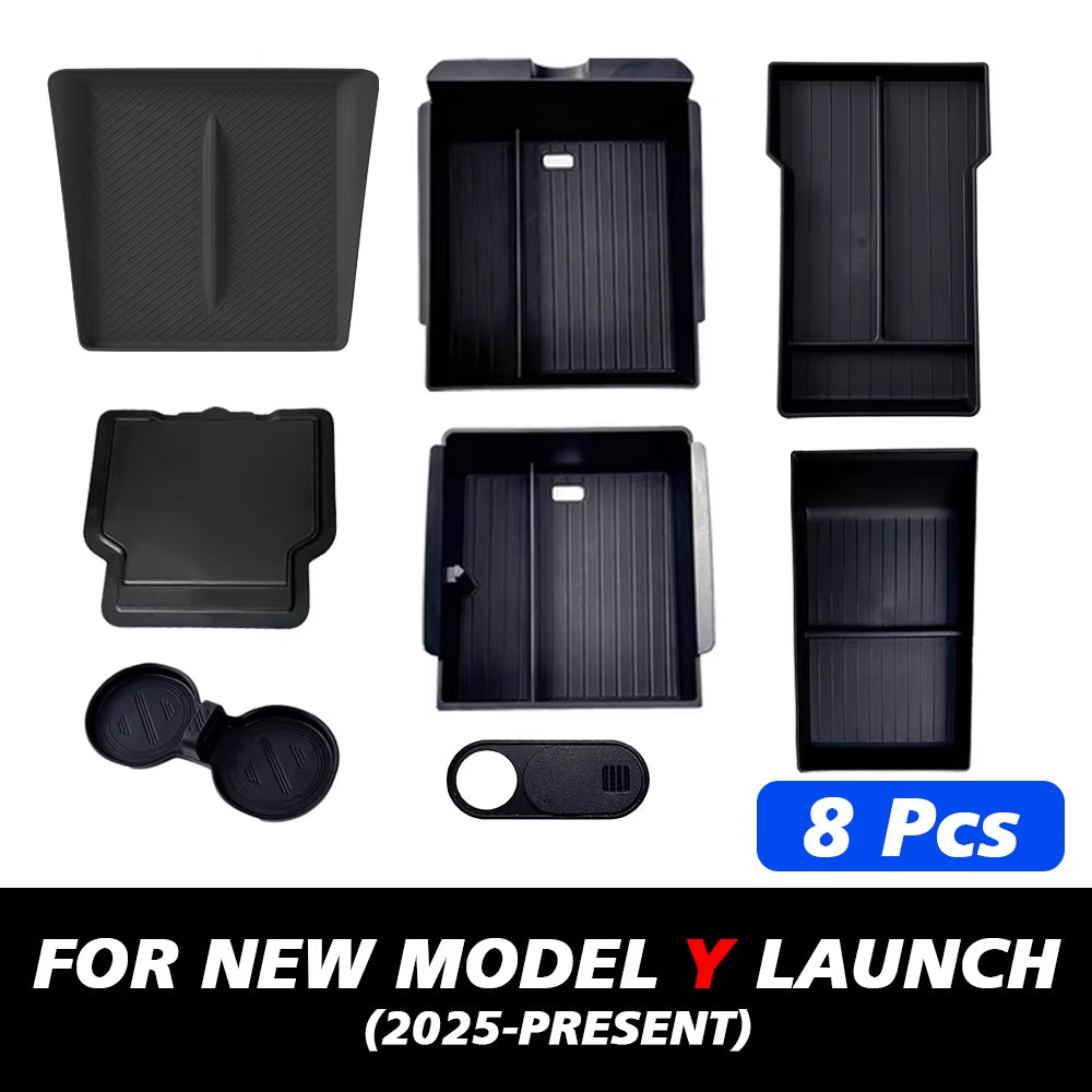 1/2/3/4/6/7/8Pcs for Tesla New Model Y 2025 Launch Juniper ABS with Silicone Non-Slip Mat Console & Armrest Storage Box Watercup