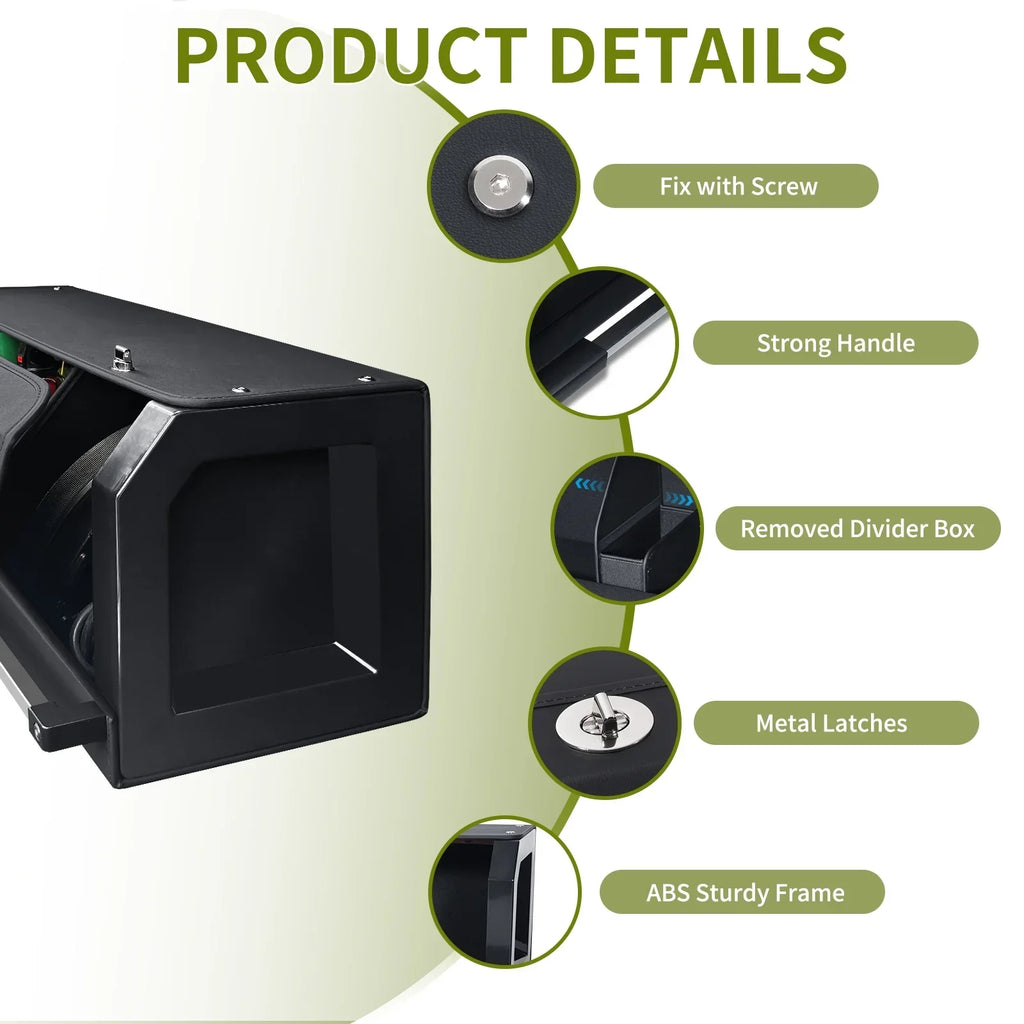 Black storage box with screw fix, strong handle, metal latches, and ABS sturdy frame for organized gear