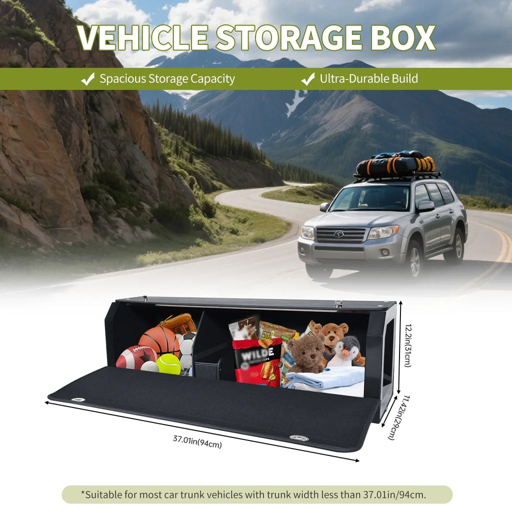 Spacious vehicle storage box for car trunk, holds sports gear & toys, durable build, 37in width