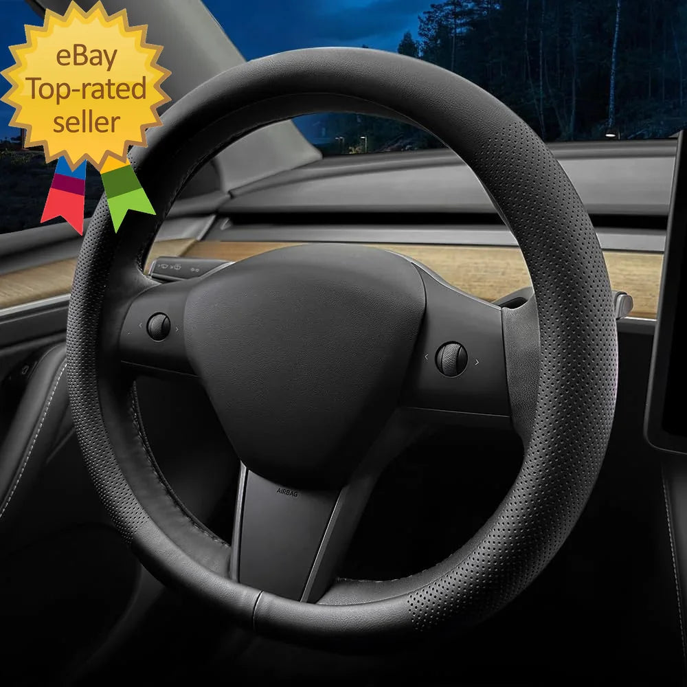 Black perforated steering wheel cover for modern car interior, eBay top-rated seller