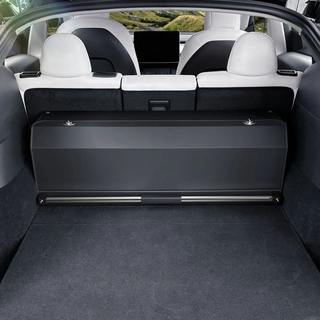 Black car trunk organizer with sliding drawer, installed in SUV cargo space for storage and organization