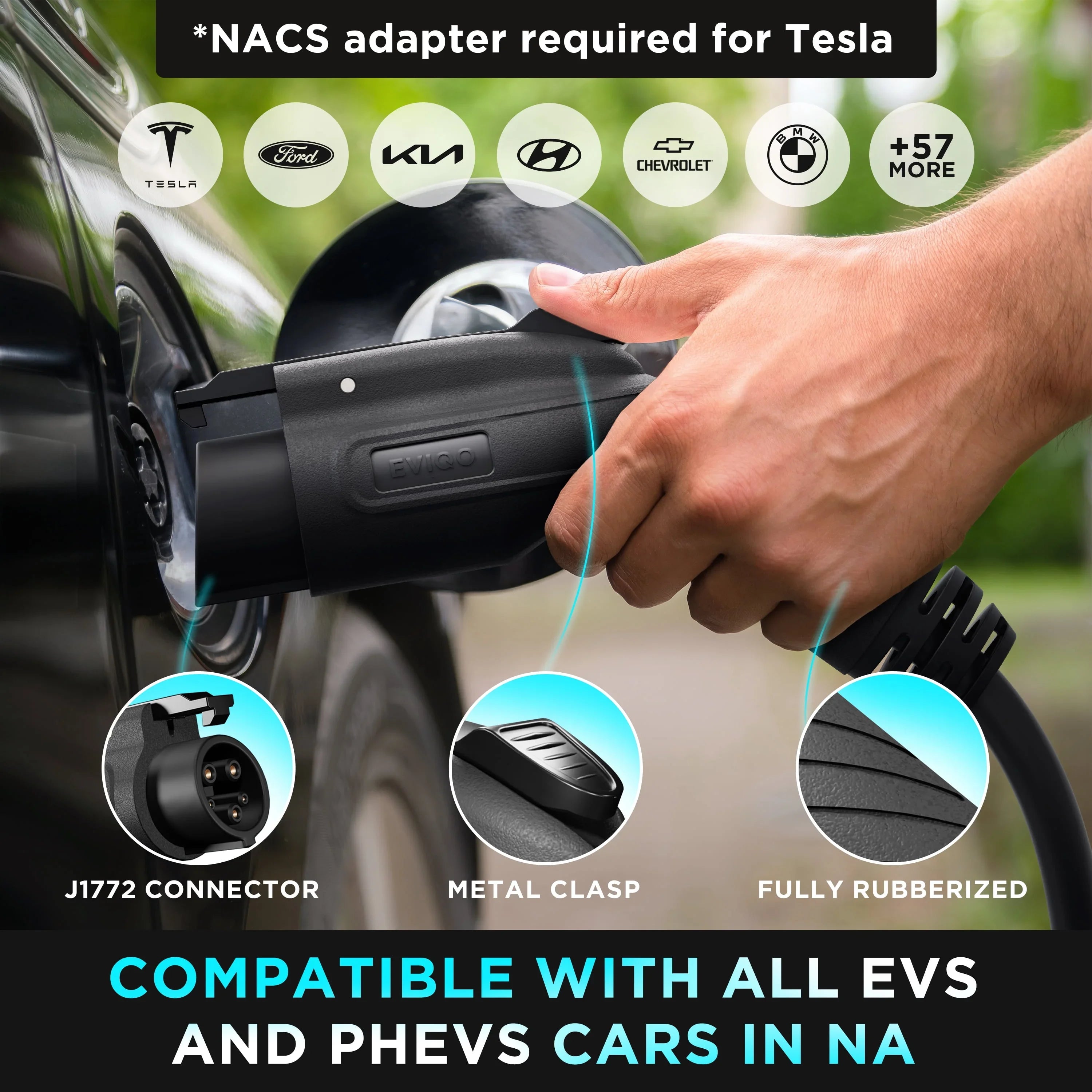 EV charging cable with J1772 connector, metal clasp, rubberized grip, compatible with Tesla, Ford, BMW, and 57+ EVs