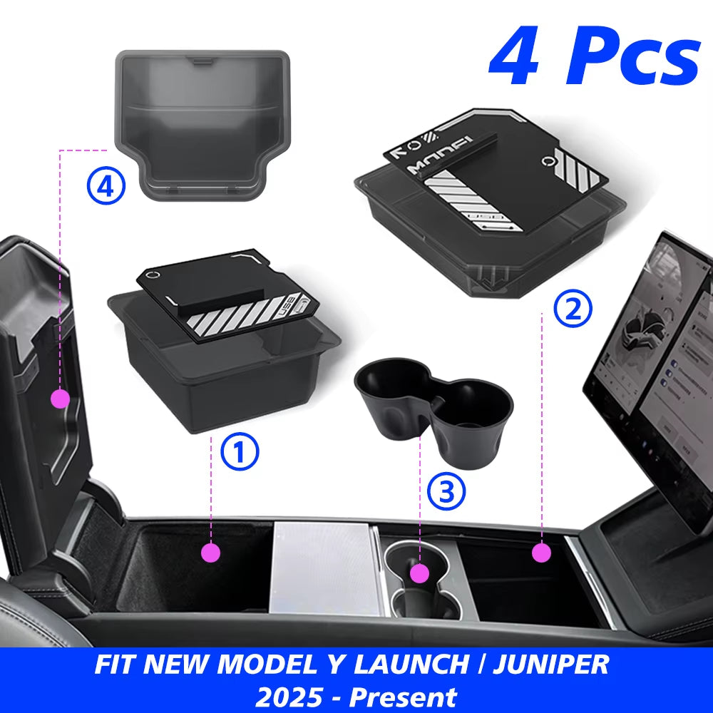 1/2/3/4/6/7/8Pcs for Tesla New Model Y 2025 Launch Juniper ABS with Silicone Non-Slip Mat Console & Armrest Storage Box Watercup