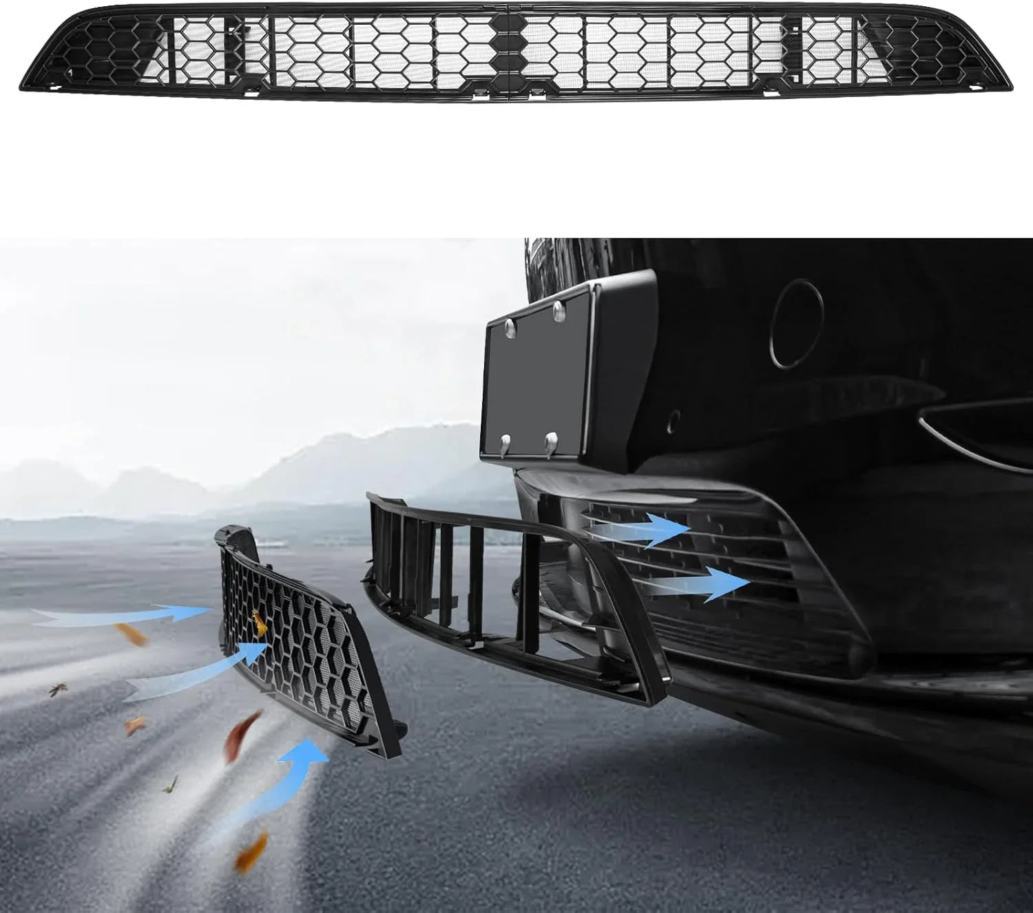 Black honeycomb front bumper grille with airflow design for car styling and cooling