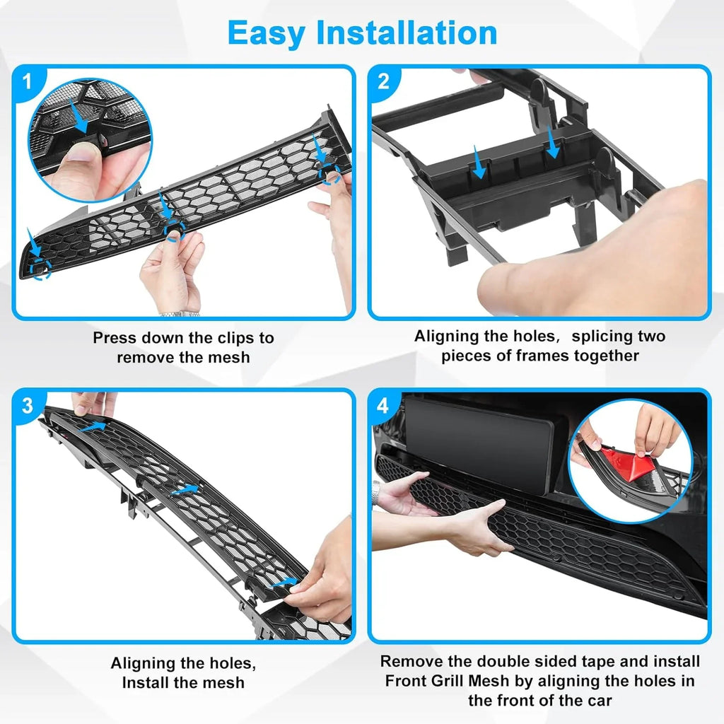 Easy installation steps for car front grille mesh: clip removal, frame alignment, mesh fitting, and tape application.