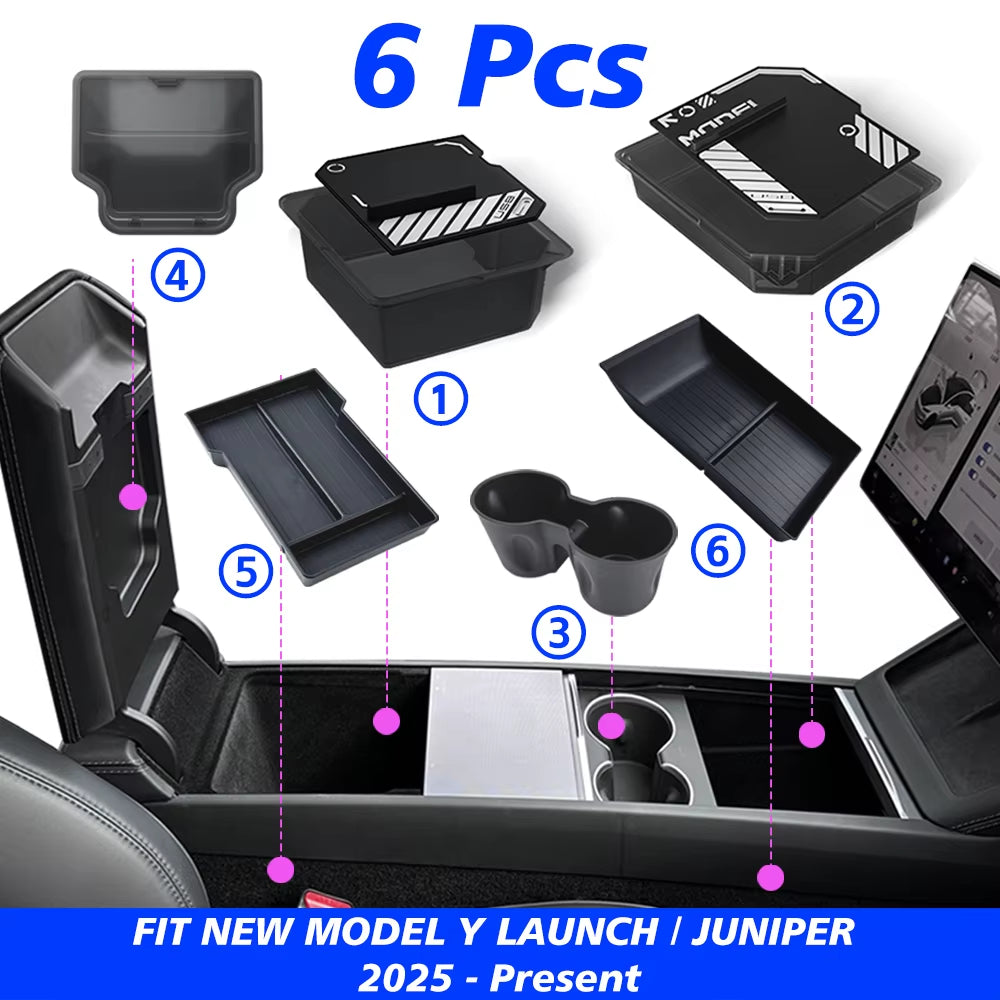 1/2/3/4/6/7/8Pcs for Tesla New Model Y 2025 Launch Juniper ABS with Silicone Non-Slip Mat Console & Armrest Storage Box Watercup