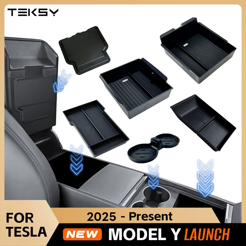 TEKSY Tesla Model Y 2025+ center console organizer trays and cup holder accessories for interior storage