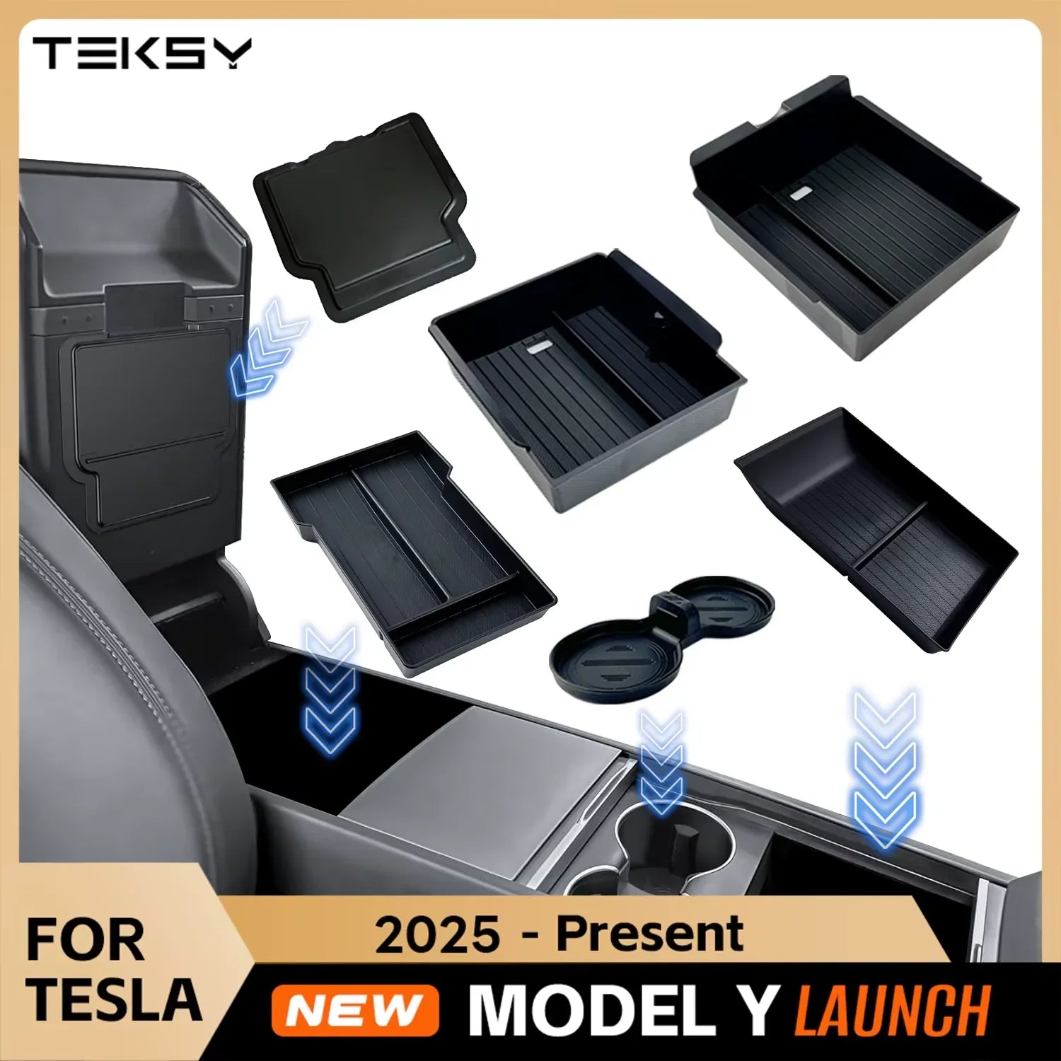 TEKSY Tesla Model Y 2025+ center console organizer trays and cup holder accessories for interior storage